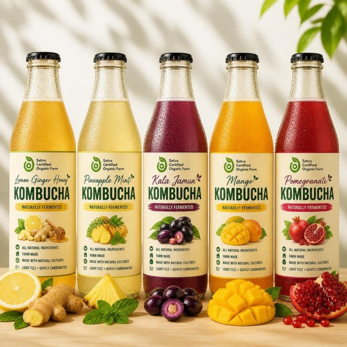 Satva Kombucha 5-Pack: Lemon Ginger, Pineapple Mint, Kala Jamun, Mango, Pomegranate