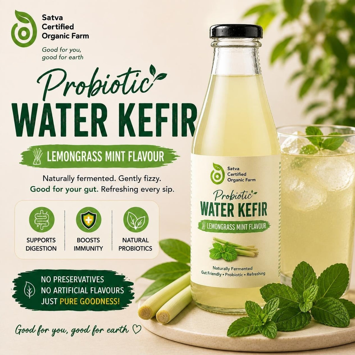 Organic lemongrass mint water kefir bottle - Satva Farm Bengaluru
