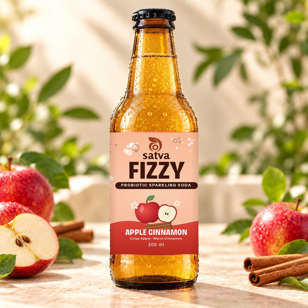 Satva Fizzy Apple Cinnamon probiotic sparkling soda in an amber 300 ml bottle with fresh apples and cinnamon sticks