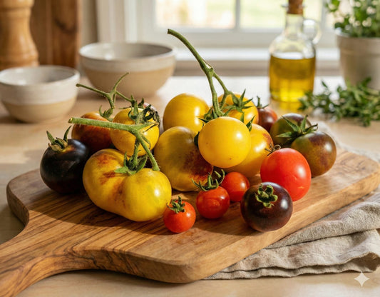 Seasonal heirloom tomatoes in red, yellow and near-black from a Bangalore organic farm