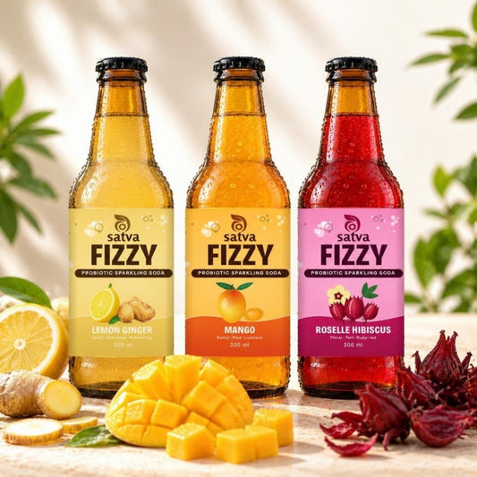 Satva Fizzy Taster Trio 3-Pack: Lemon Ginger Honey, Mango, Roselle Hibiscus