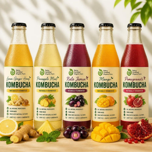 Satva Kombucha 5-Pack: Lemon Ginger, Pineapple Mint, Kala Jamun, Mango, Pomegranate
