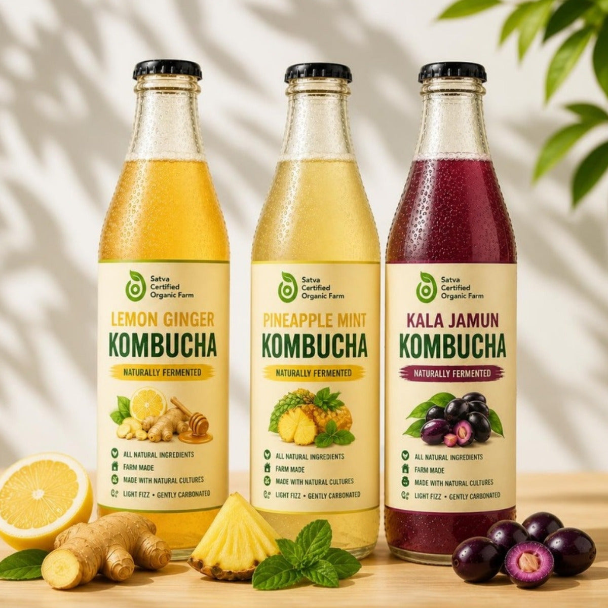 Satva Kombucha 3-Pack: Lemon Ginger, Pineapple Mint, Kala Jamun