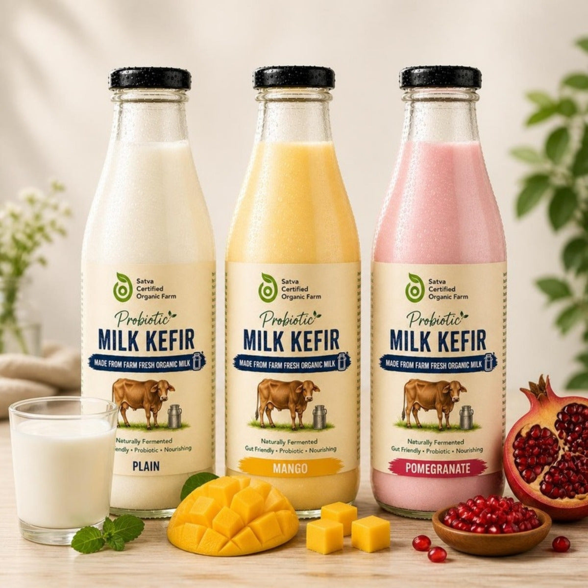 Organic Milk Kefir 3-Pack: Plain, Mango, Pomegranate