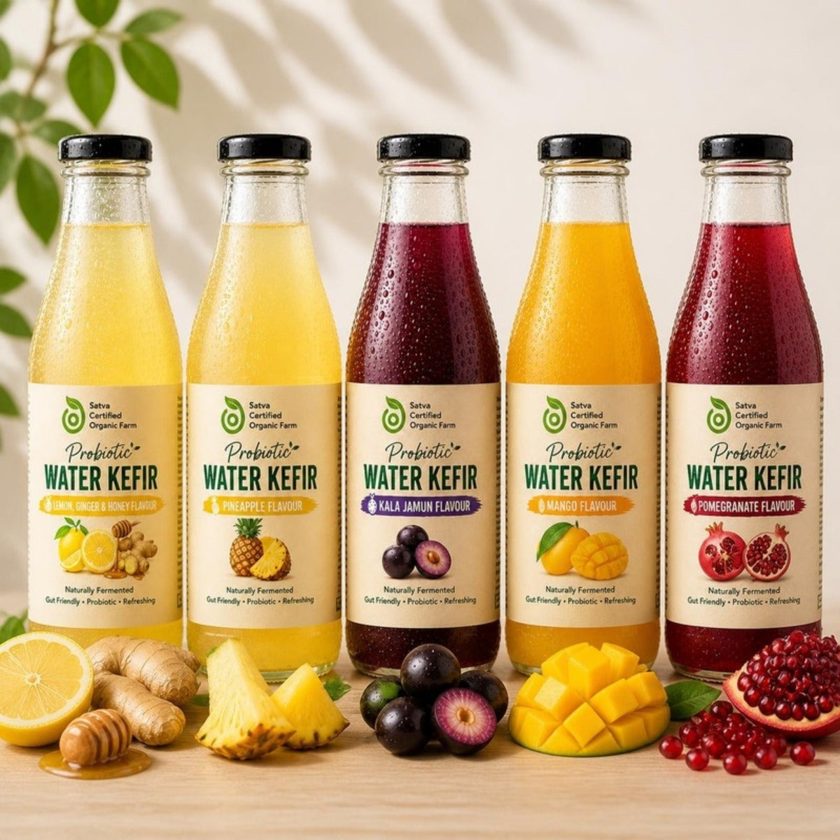 Probiotic Water Kefir 5-Pack: Lemon Ginger Honey, Pineapple, Kala Jamun, Mango, Pomegranate