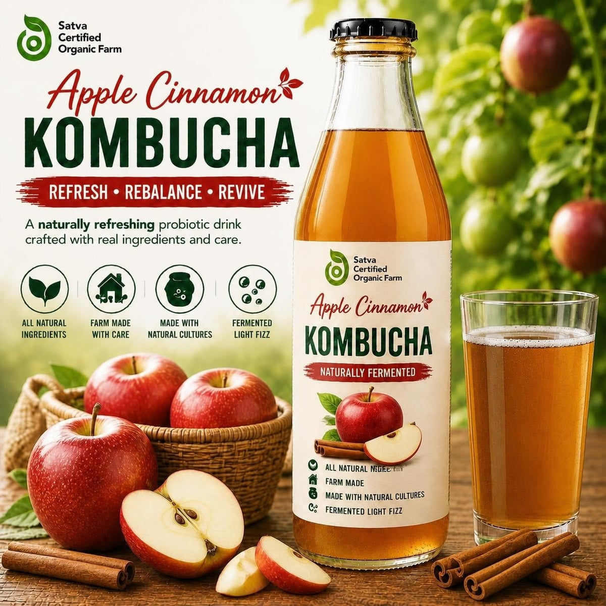 Apple cinnamon kombucha bottle - Satva Farm Bengaluru