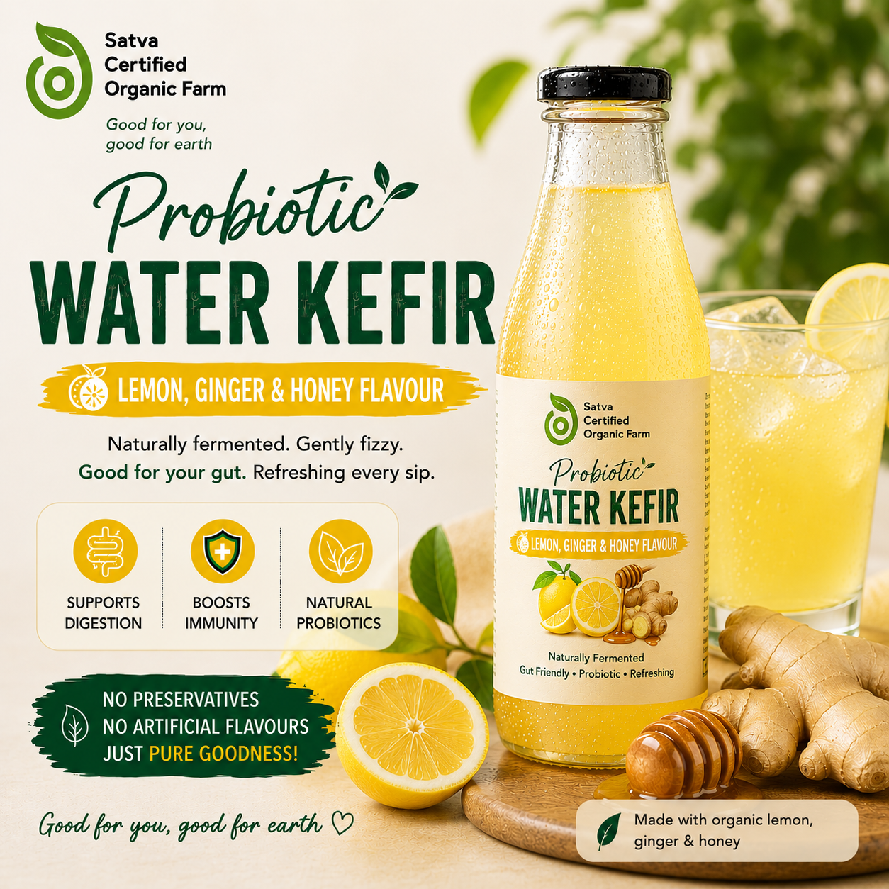 Probiotic Water Kefir - Organic Lemon, Ginger & Honey