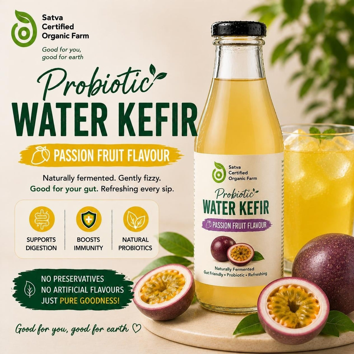 Organic passion fruit water kefir bottle - Satva Farm Bengaluru