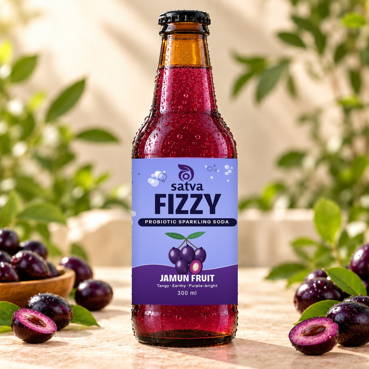 Satva Fizzy Jamun Fruit probiotic sparkling soda in an amber 300 ml bottle with fresh jamun fruit