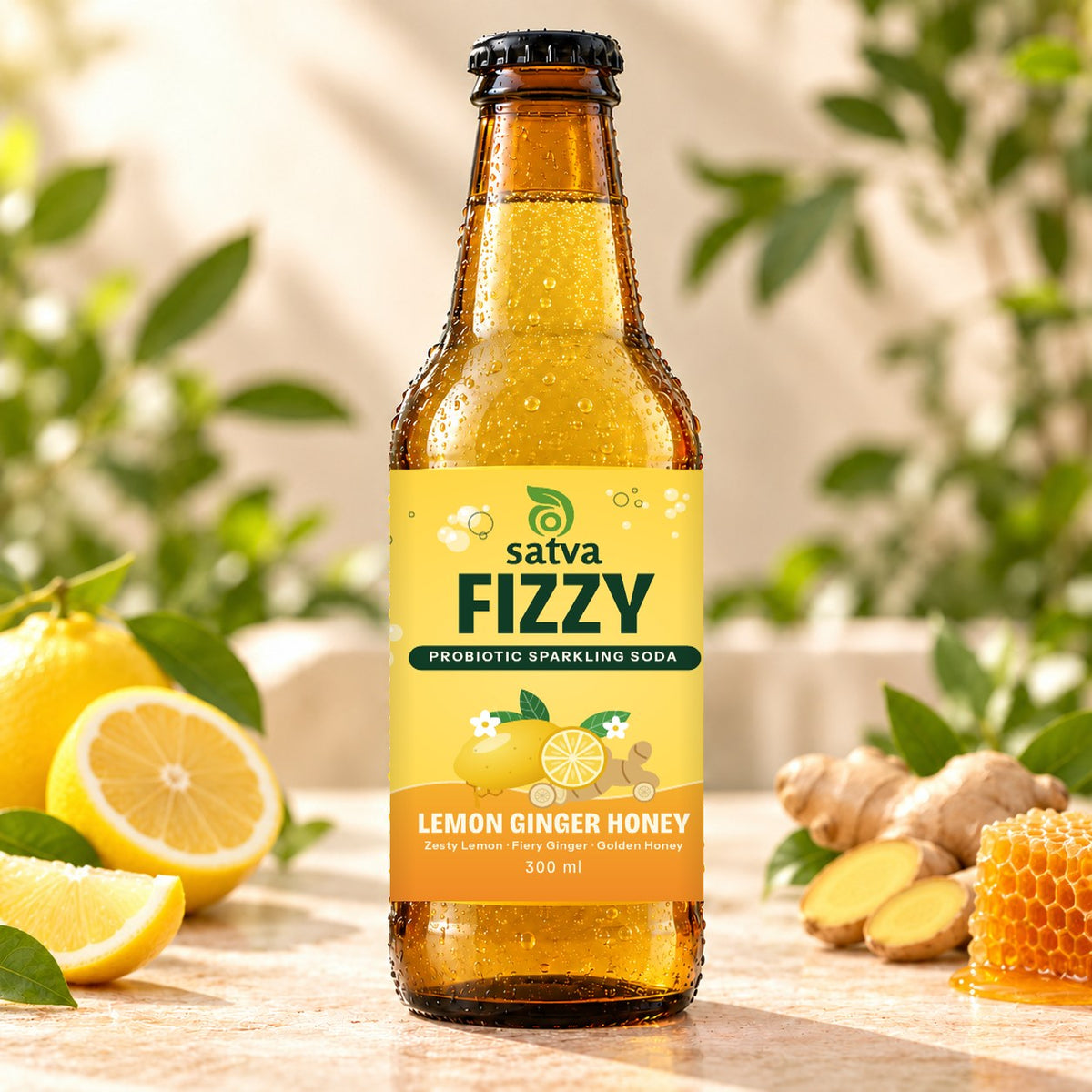 Satva Fizzy Lemon Ginger Honey probiotic sparkling soda in an amber 300 ml bottle with lemon, fresh ginger and honeycomb