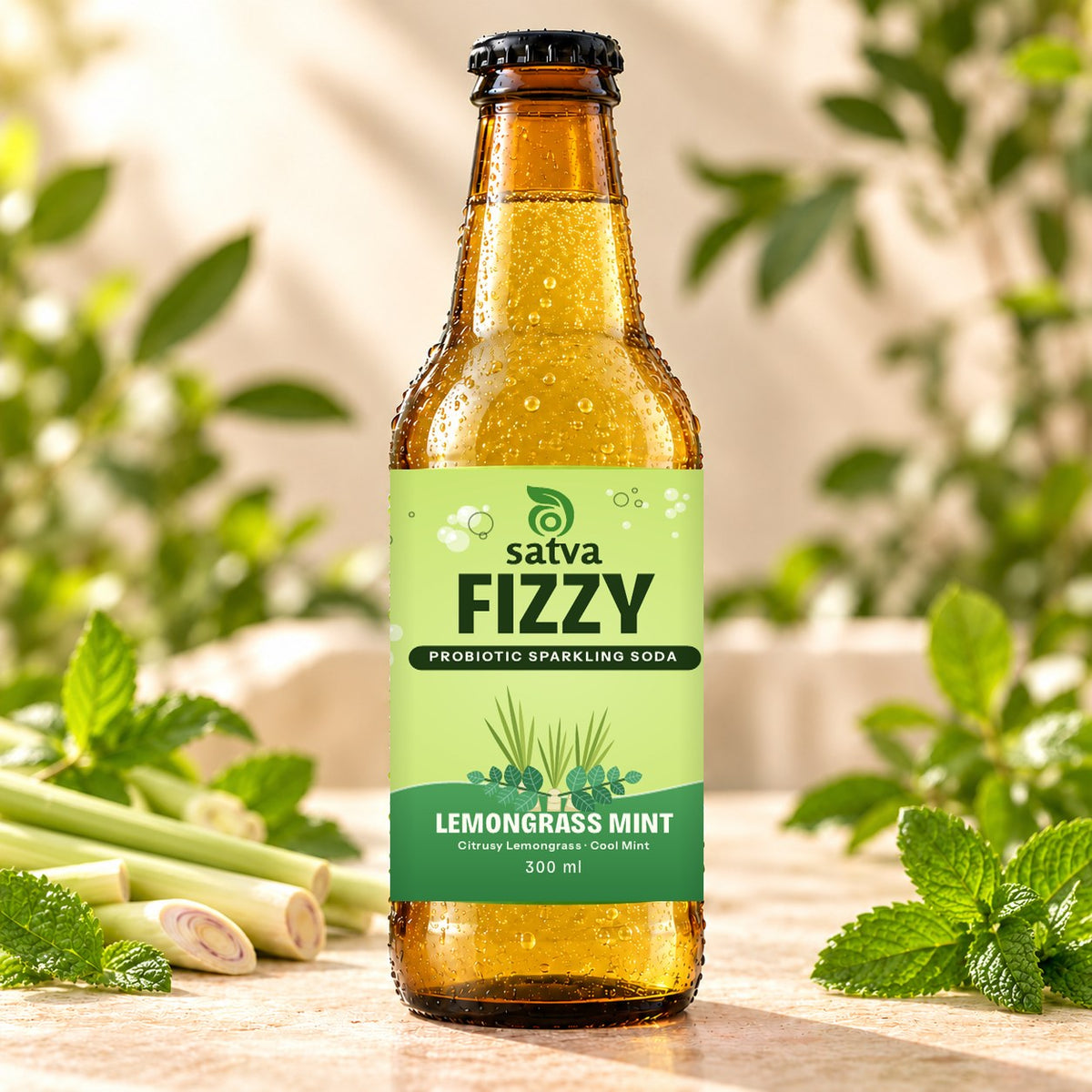 Satva Fizzy Lemongrass Mint probiotic sparkling soda in an amber 300 ml bottle with lemongrass stalks and mint