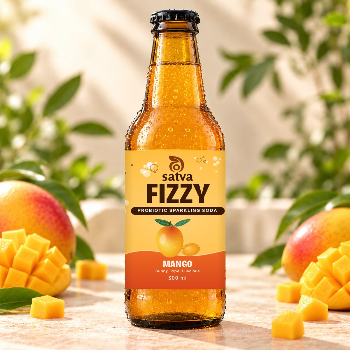 Satva Fizzy Mango probiotic sparkling soda in an amber 300 ml bottle with ripe mango and mango cubes