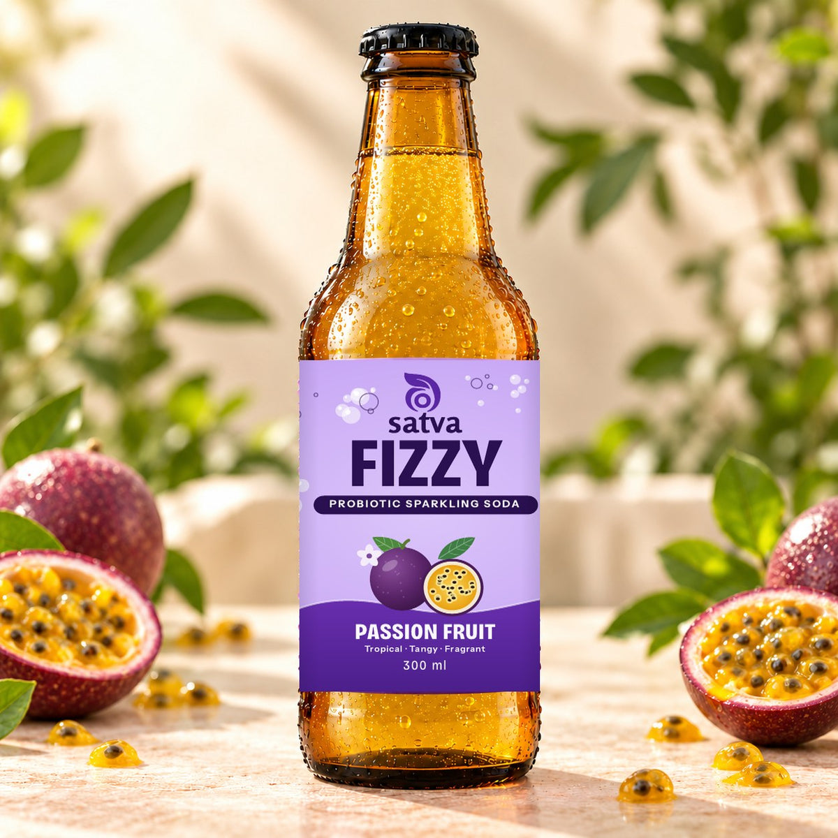 Satva Fizzy Passion Fruit probiotic sparkling soda in an amber 300 ml bottle with halved passion fruit