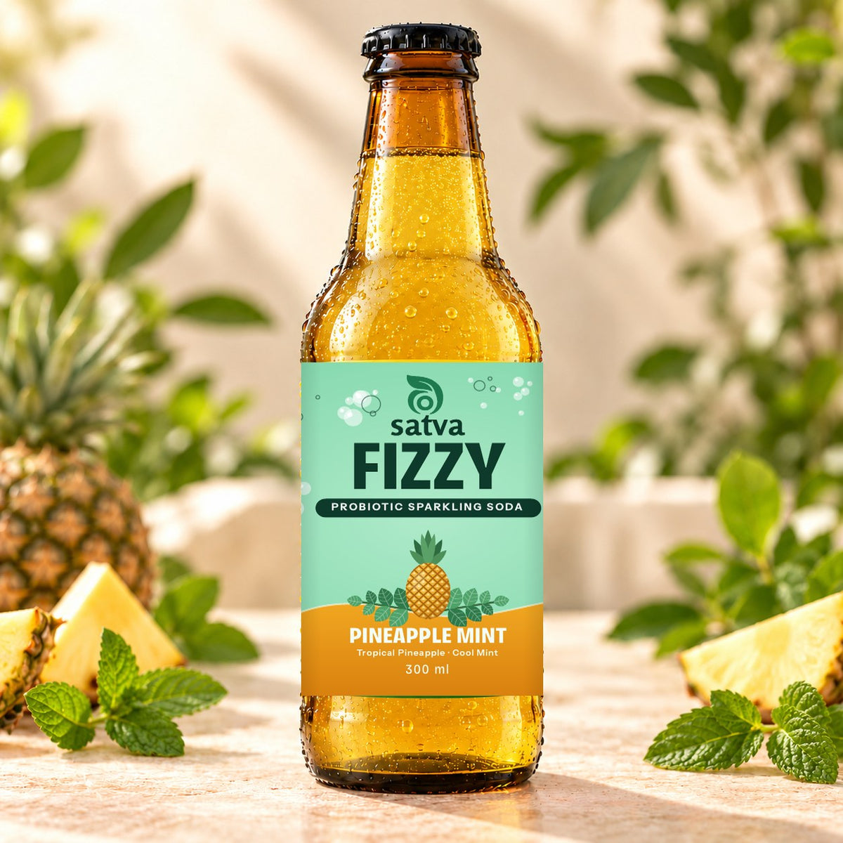 Satva Fizzy Pineapple Mint probiotic sparkling soda in an amber 300 ml bottle with pineapple slices and mint