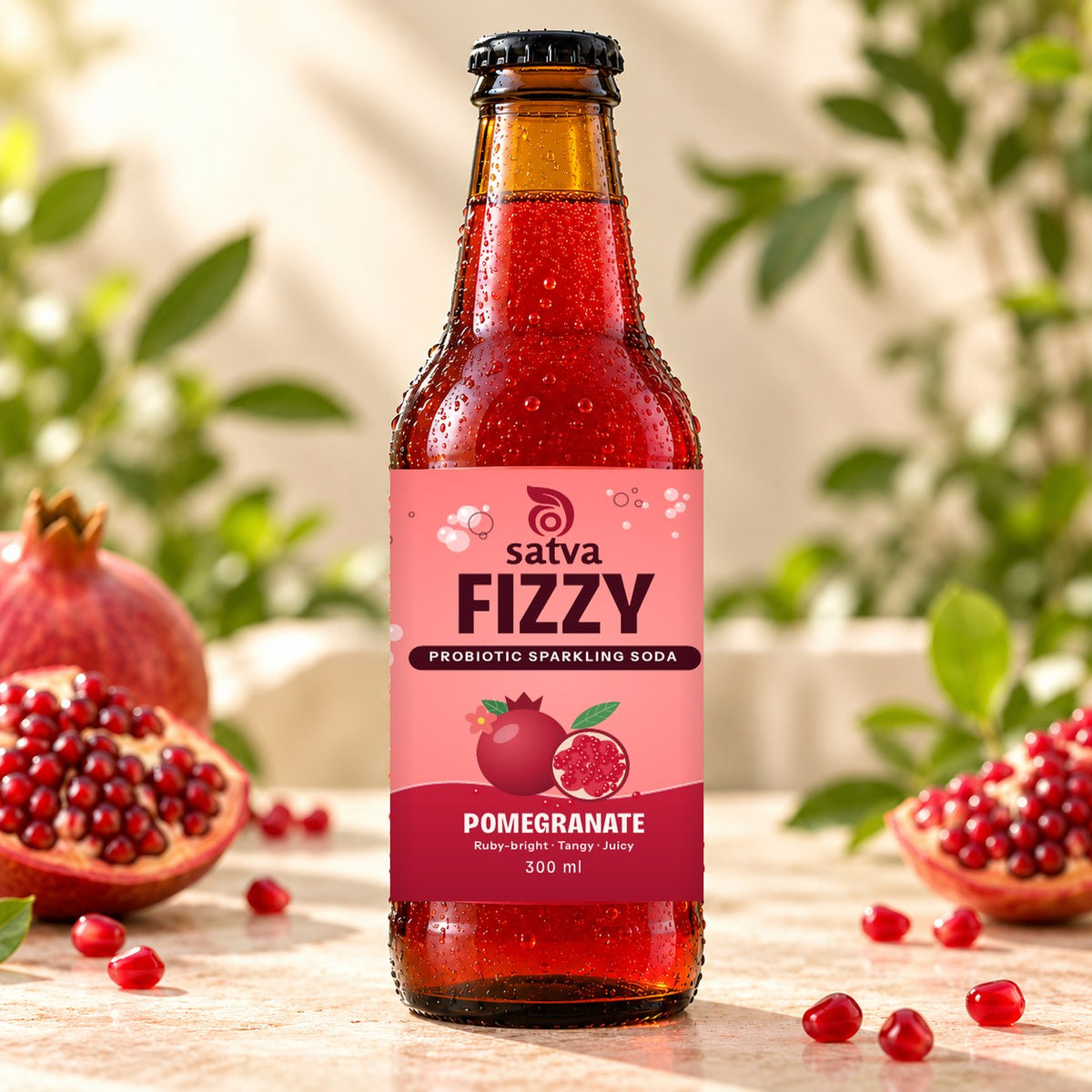 Satva Fizzy Pomegranate probiotic sparkling soda in an amber 300 ml bottle with fresh pomegranate and seeds