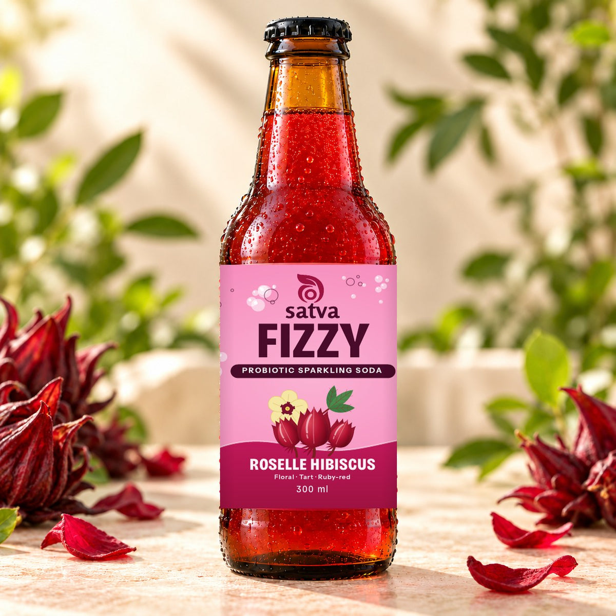 Satva Fizzy Roselle Hibiscus probiotic sparkling soda in an amber 300 ml bottle with dried roselle hibiscus calyces